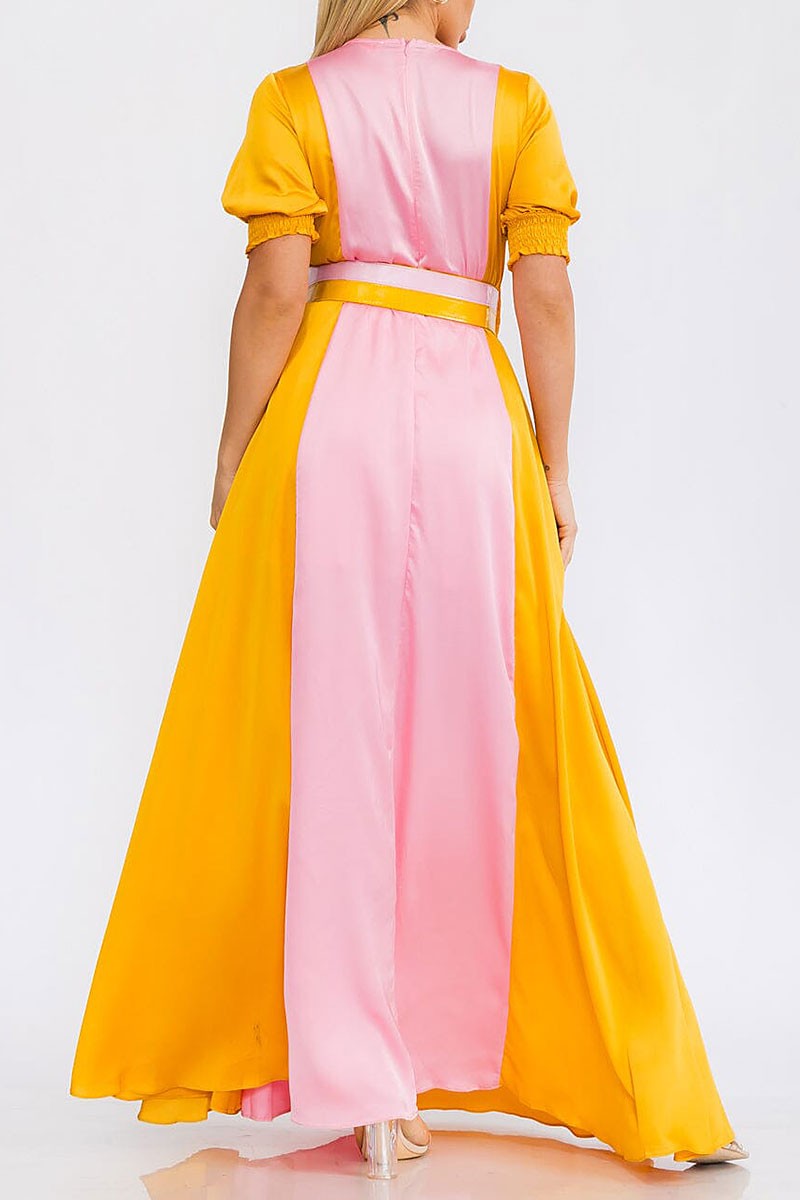 Puff sleeve v-neck colorblock belted maxi dress (RVWT7510)