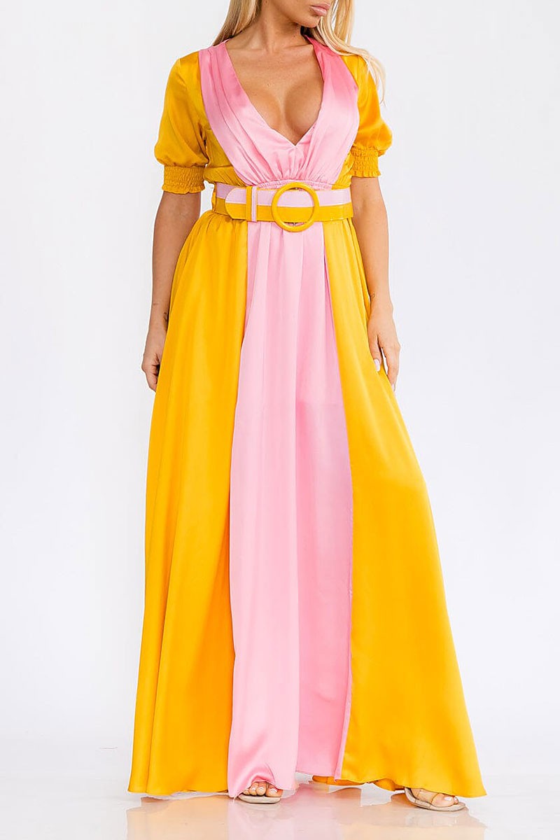 Puff sleeve v-neck colorblock belted maxi dress (RVWT7510)