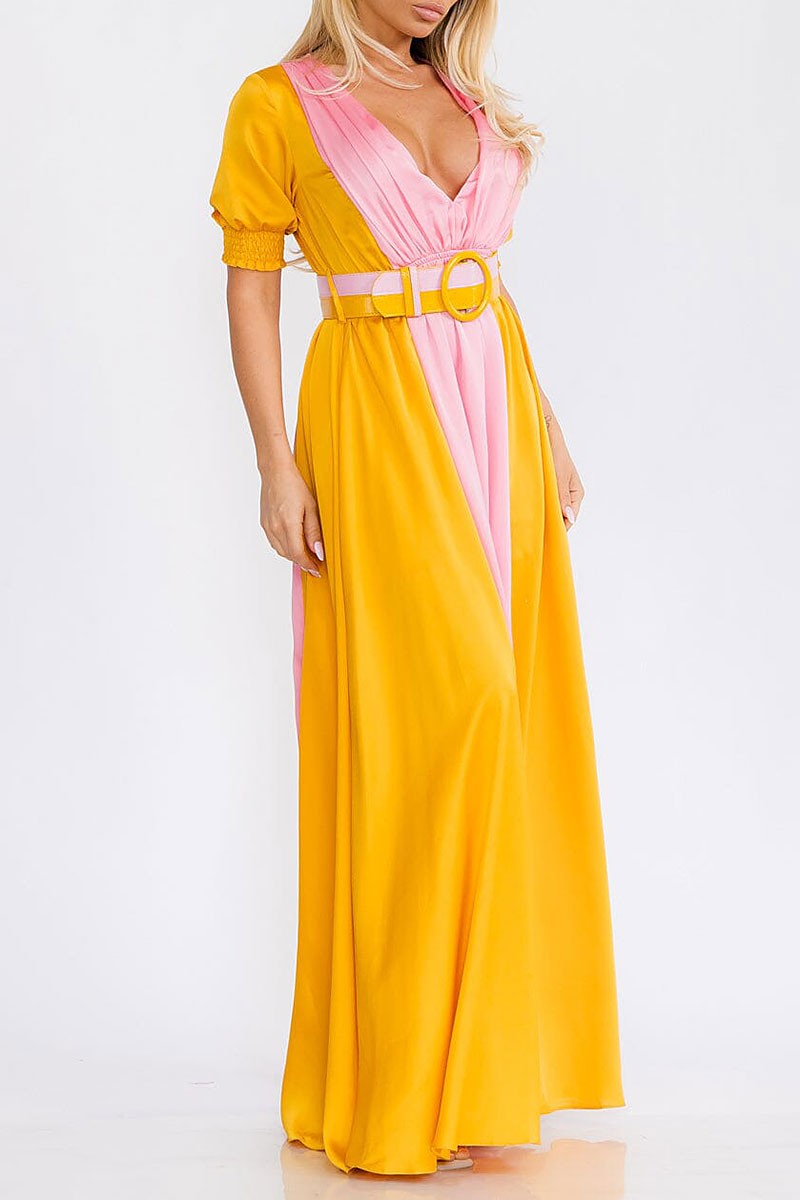 Puff sleeve v-neck colorblock belted maxi dress (RVWT7510)