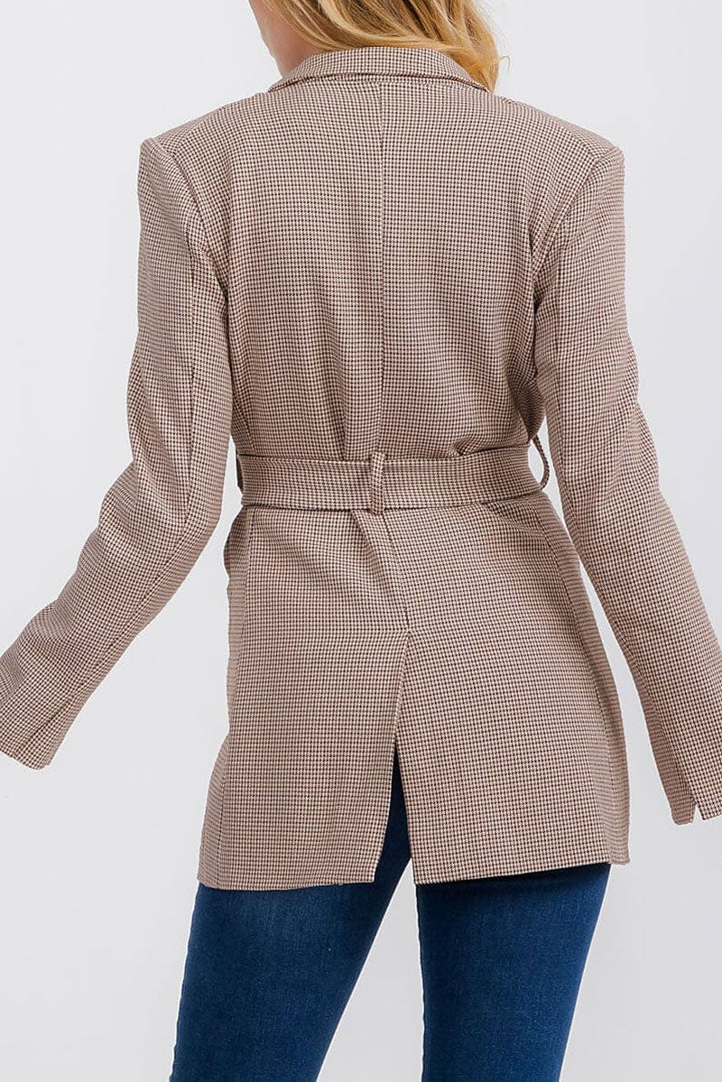 Long sleeve open front pockets belted blazer (RVWT7567)