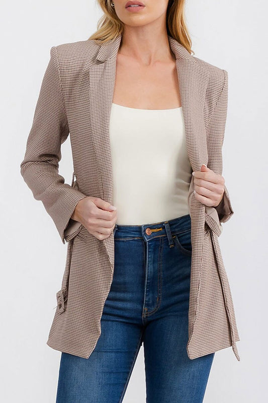 Long sleeve open front pockets belted blazer (RVWT7567)