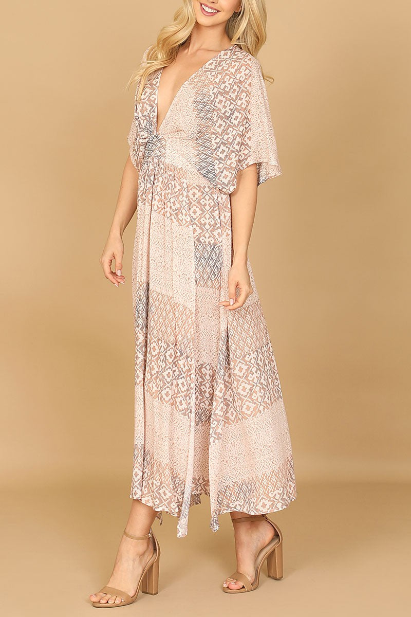 Deep neck dolman side slit printed maxi dress (RVD1021)