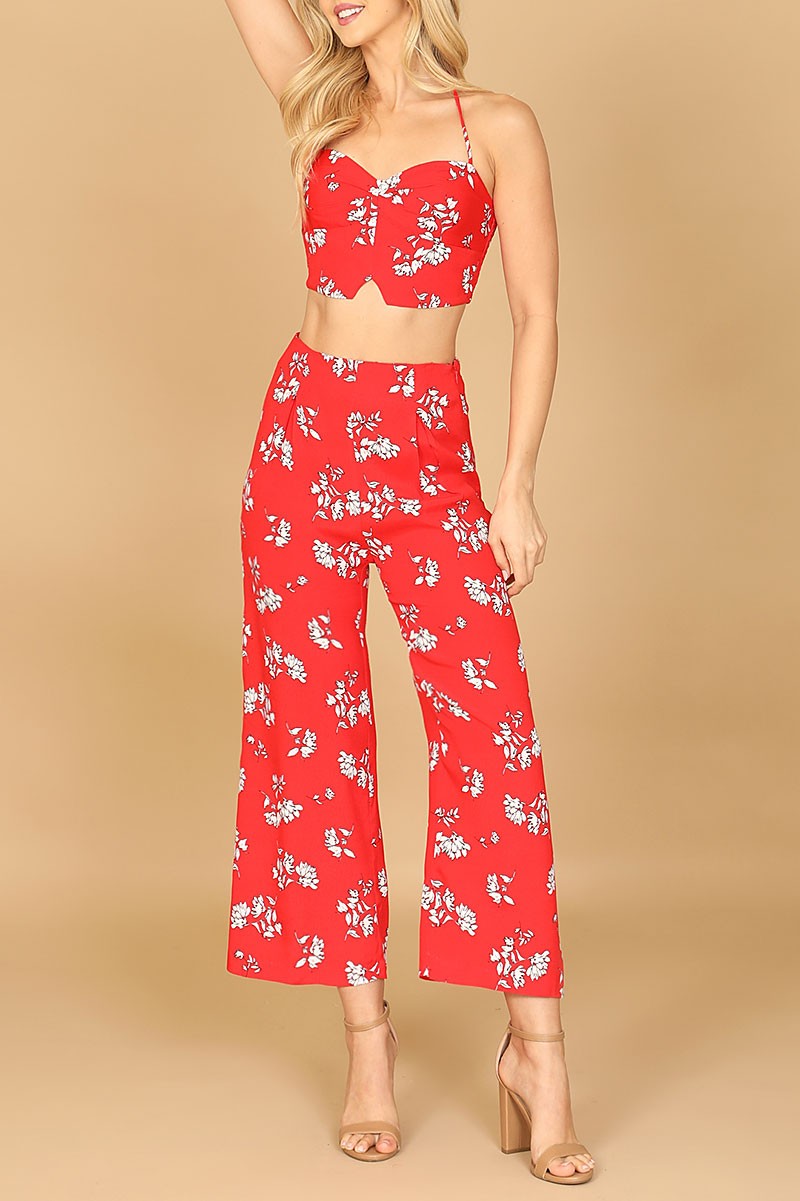 Spaghetti strap floral crop top &amp; pants set (RT8479)