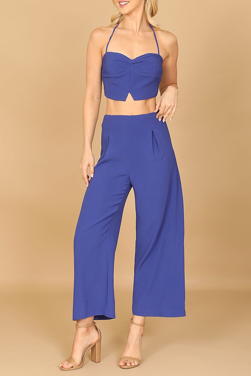 Spaghetti strap solid crop top &amp; pants set (RT8480)