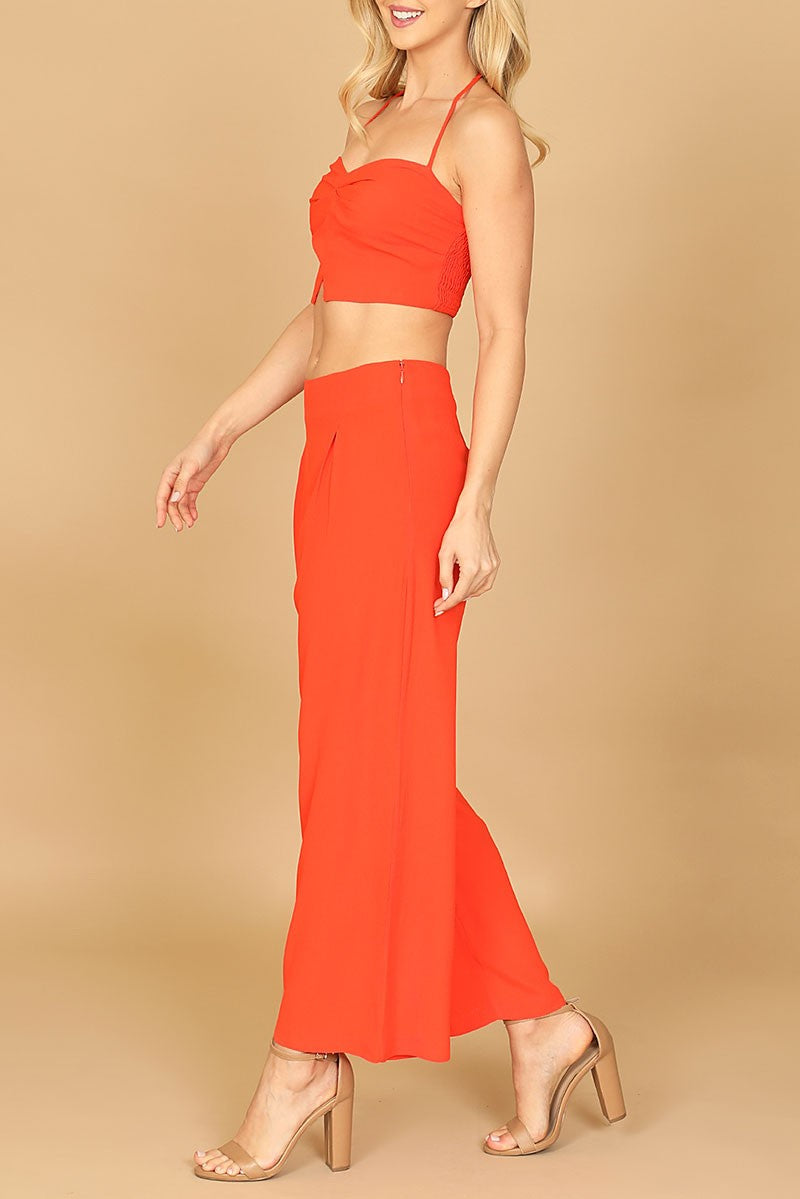 Spaghetti strap solid crop top &amp; pants set (RT8480)