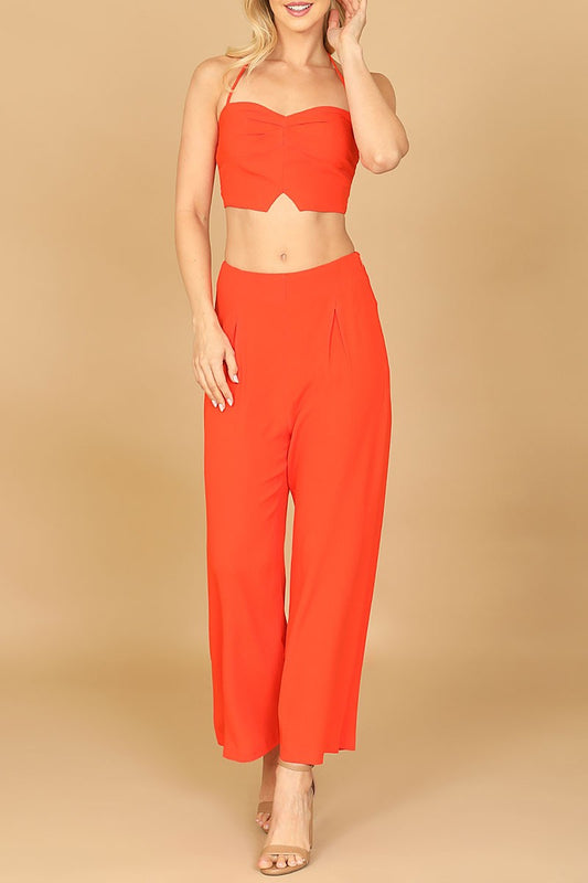 Spaghetti strap solid crop top &amp; pants set (RT8480)