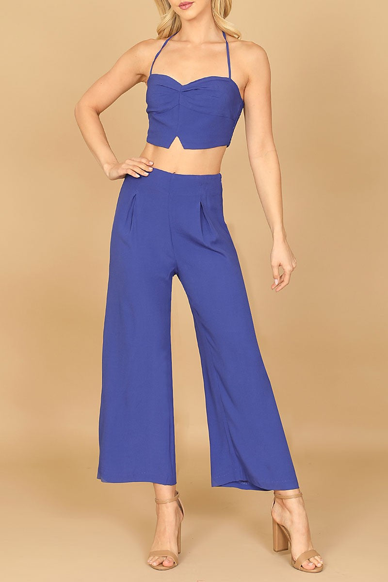 Spaghetti strap solid crop top &amp; pants set (RT8480)