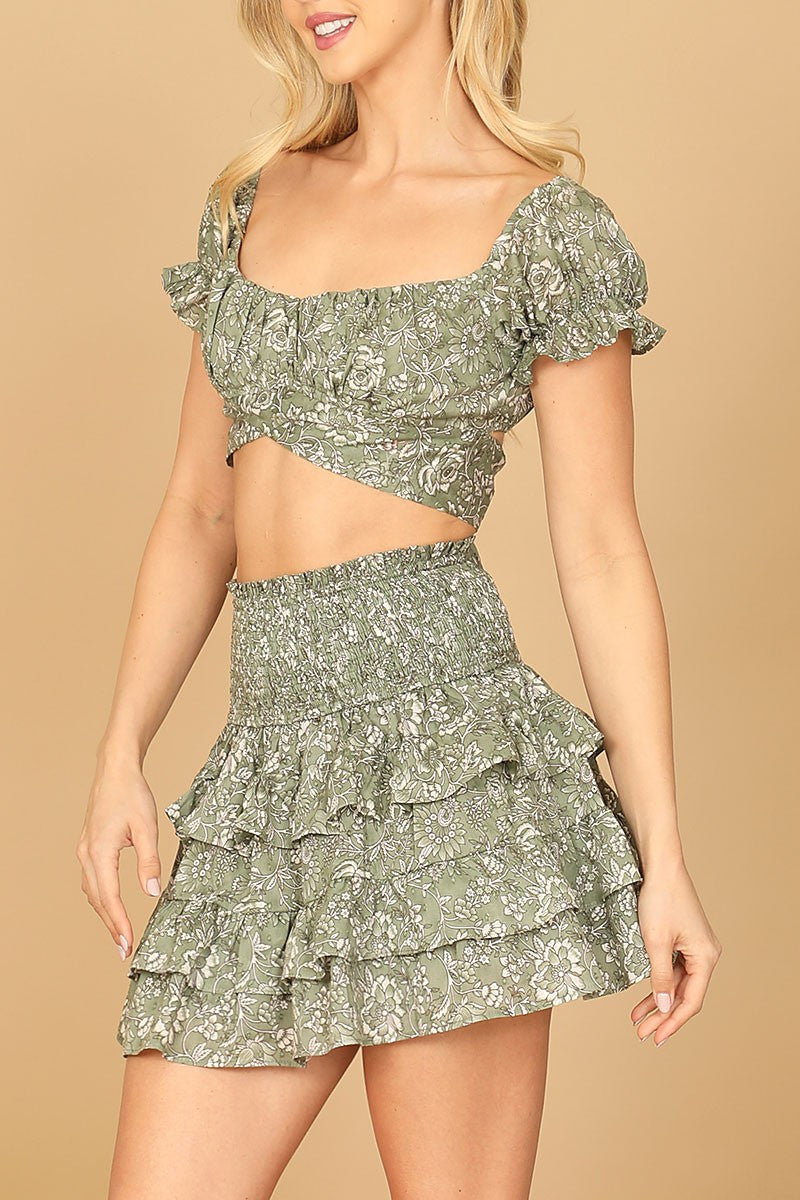 Puff sleeve cross crop top &amp; ruffle skirt set (RT8481)