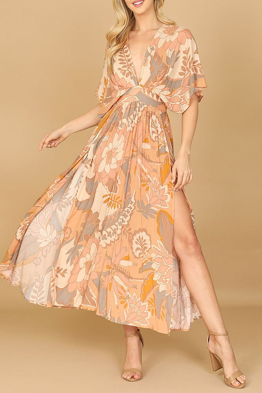 Plunging dolman sleeve floral side slit maxi dress (RVD1022)