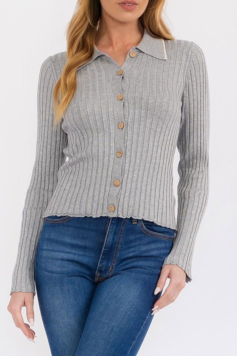 Long sleeve button up ribbed blouse top (RVWT7636)