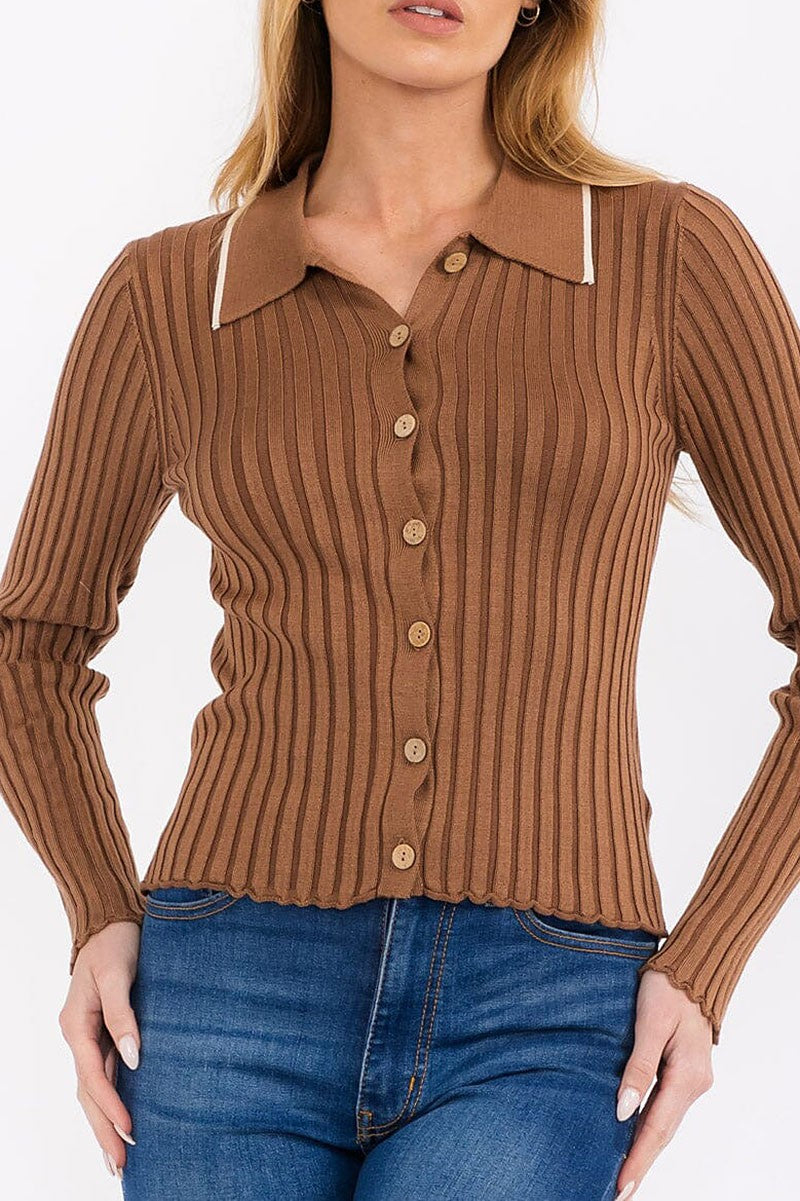 Long sleeve button up ribbed blouse top (RVWT7636)