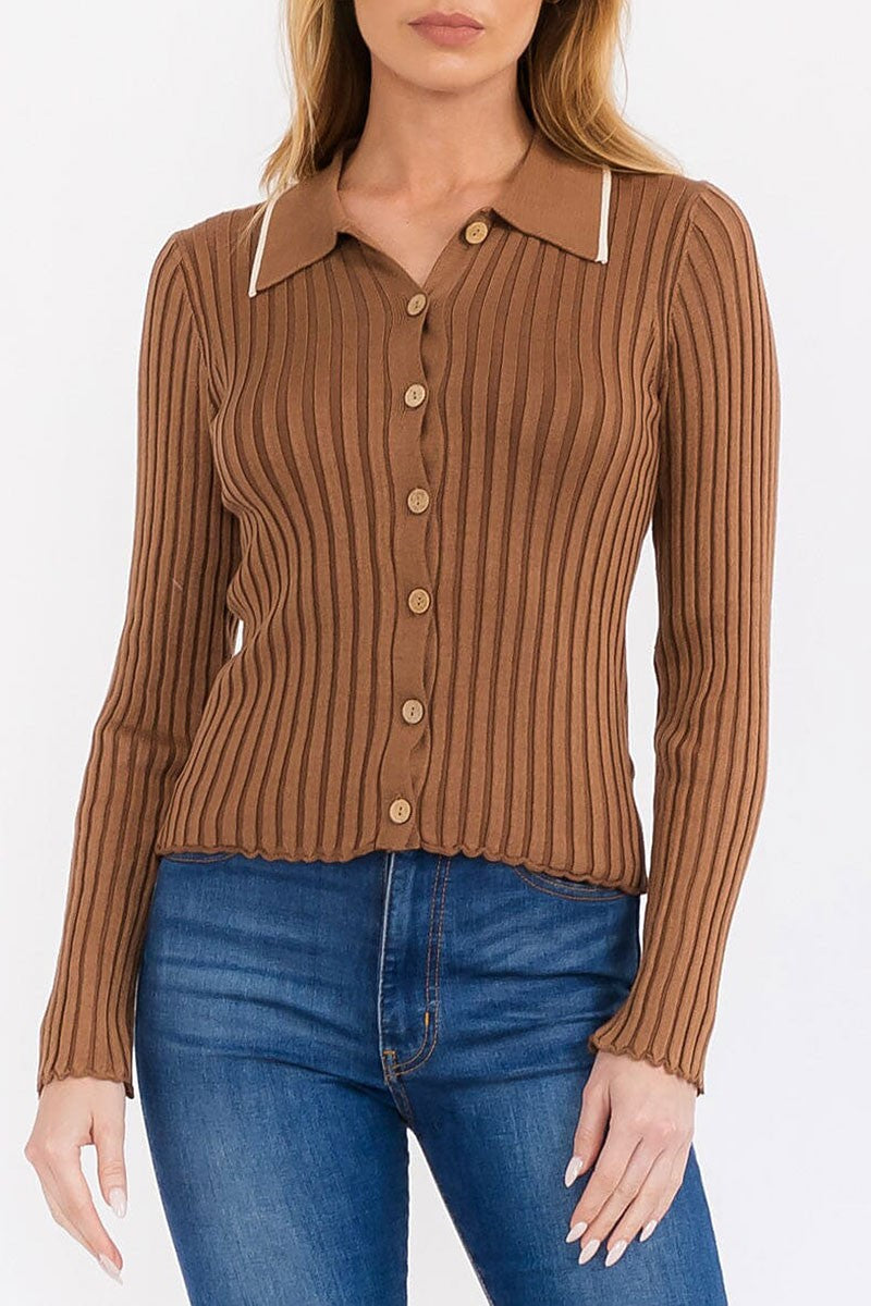 Long sleeve button up ribbed blouse top (RVWT7636)