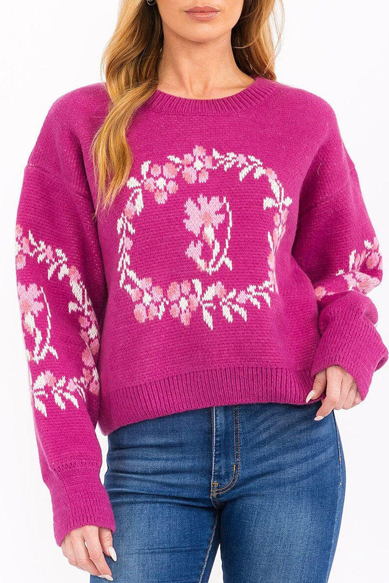 Long sleeve floral print pullover sweater (RVWT7638)