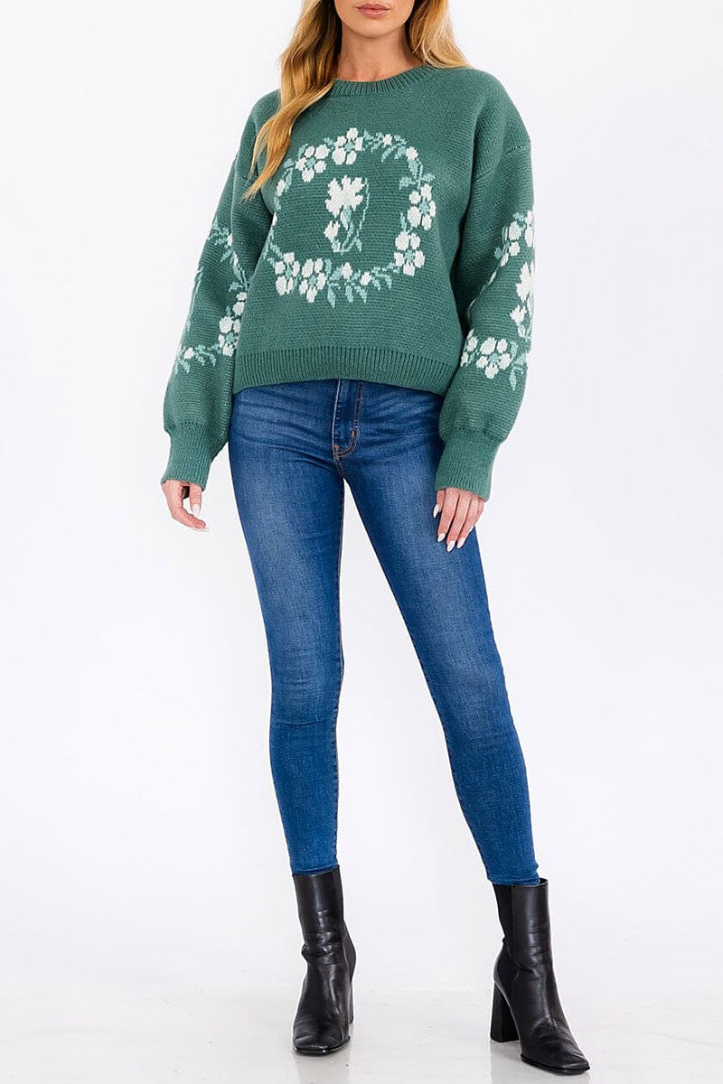 Long sleeve floral print pullover sweater (RVWT7638)