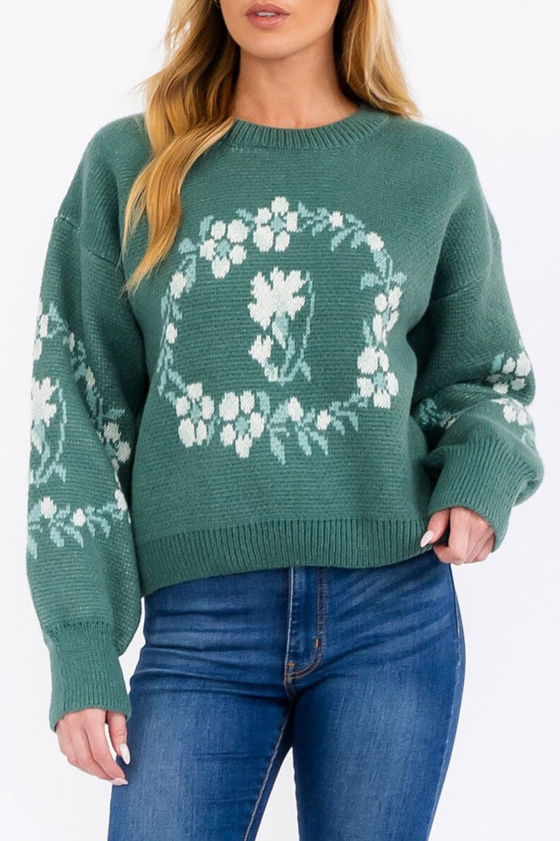 Long sleeve floral print pullover sweater (RVWT7638)