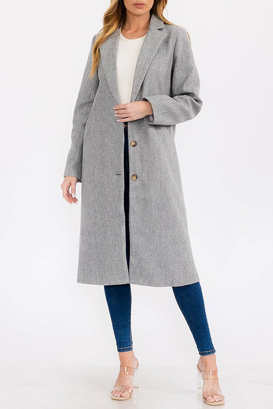 Long sleeve button closure front pockets long coat (RVWT7640)