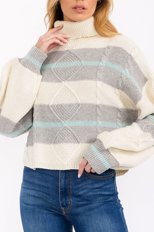 Turtle neck colorblock knit pullover sweater (RVWT7642)