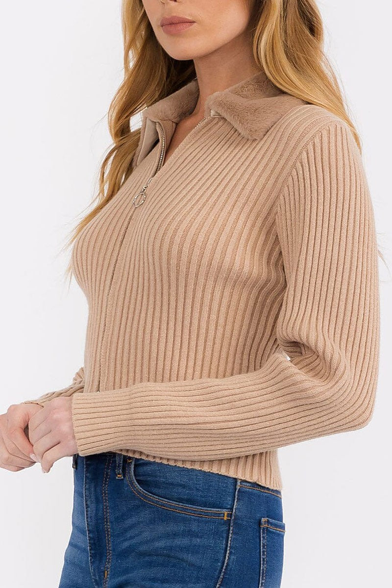 Both end zipper ribbed sherpa collar sweater (RVWT7644)