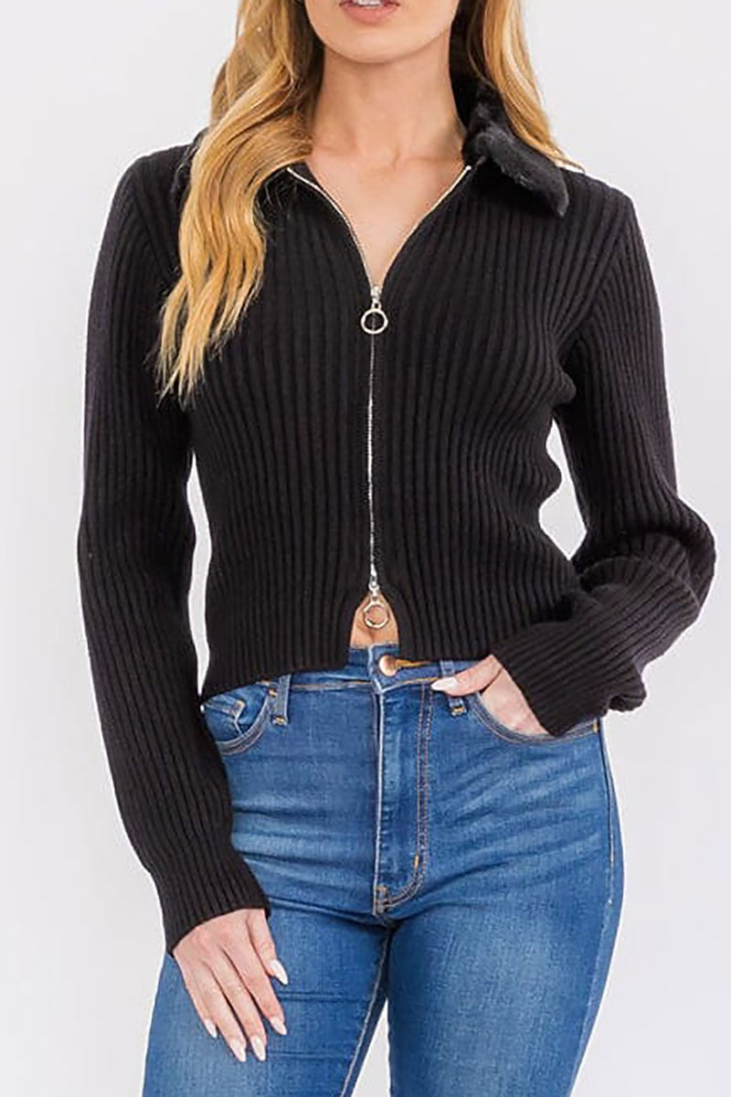 Both end zipper ribbed sherpa collar sweater (RVWT7644)