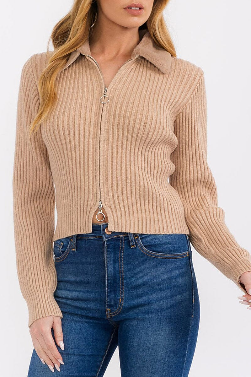 Both end zipper ribbed sherpa collar sweater (RVWT7644)