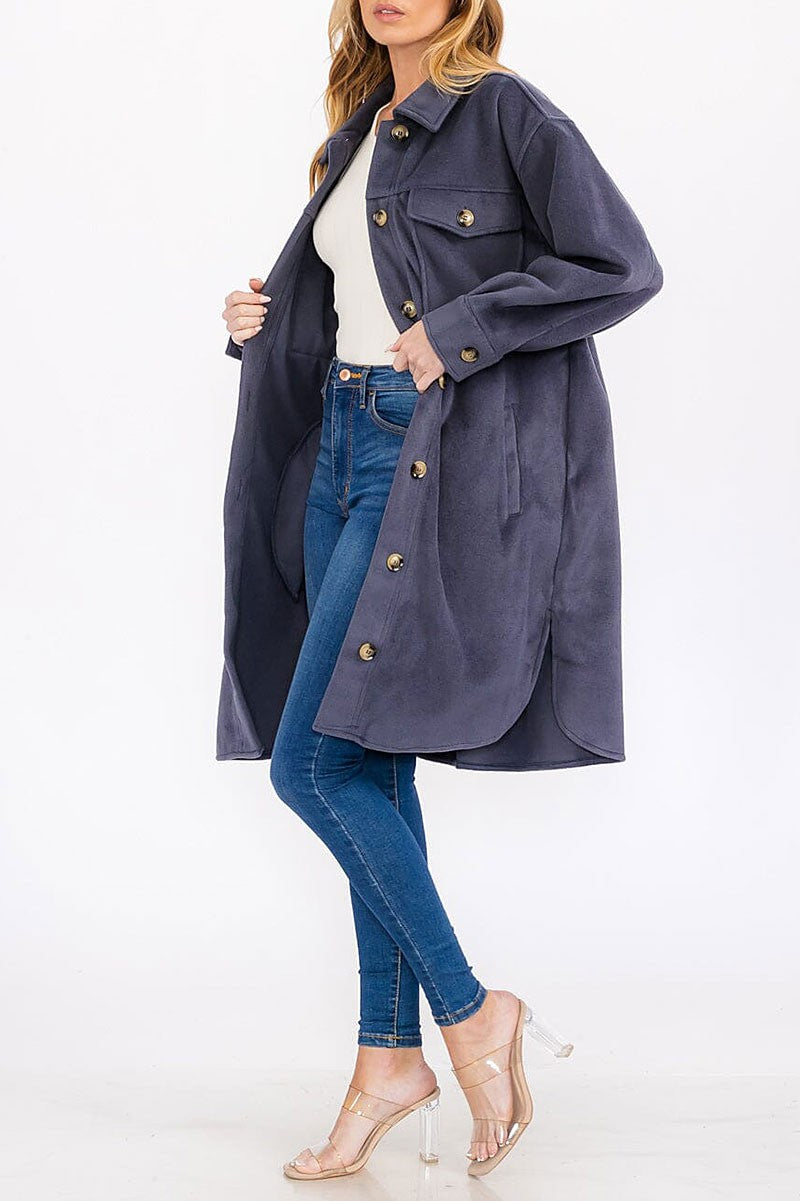 Long sleeve button up front pockets long coat (RVWT7647)