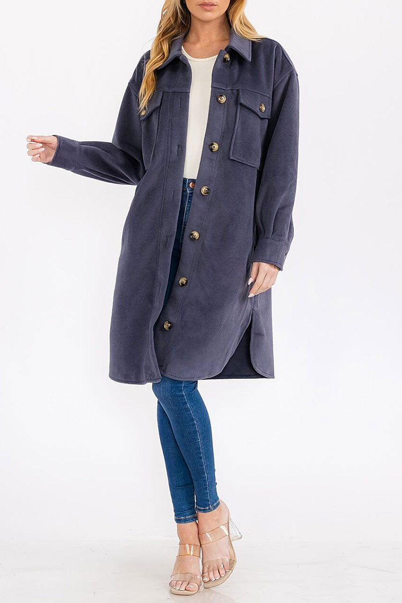 Long sleeve button up front pockets long coat (RVWT7647)