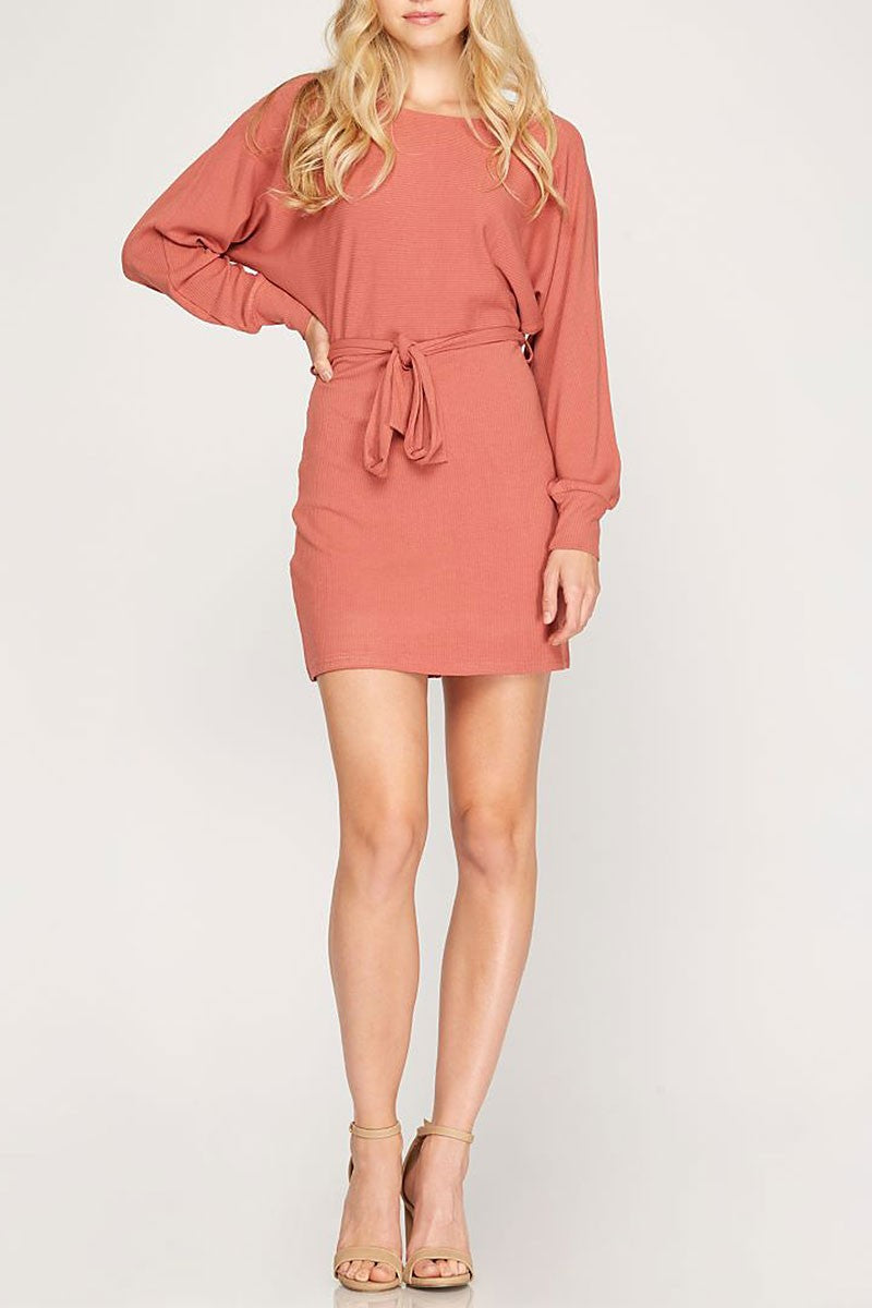 Rib knit dolman long sleeves sash waist mini dress (RSSW4895)