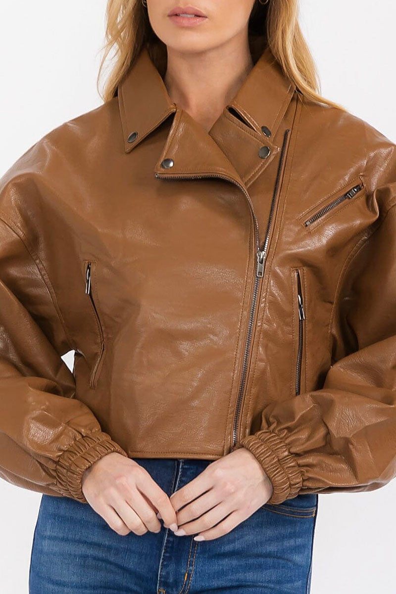 Zip up front pockets pu pleather jacket (RVWT7676)