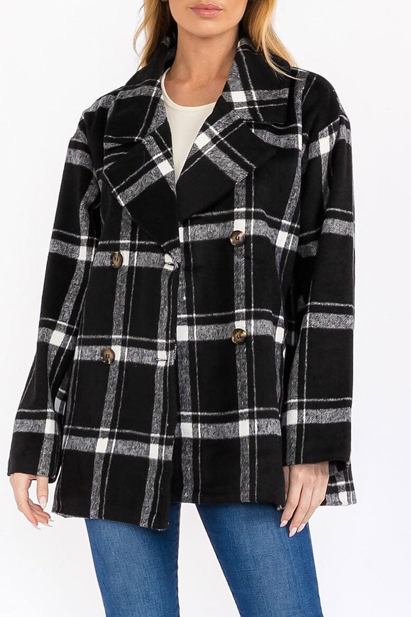 Button closure front pockets plaid coat (RVWT7677)