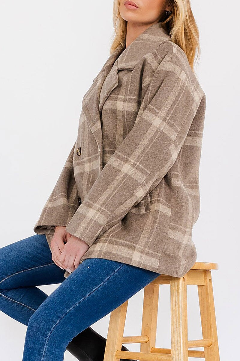 Button closure front pockets plaid coat (RVWT7677)