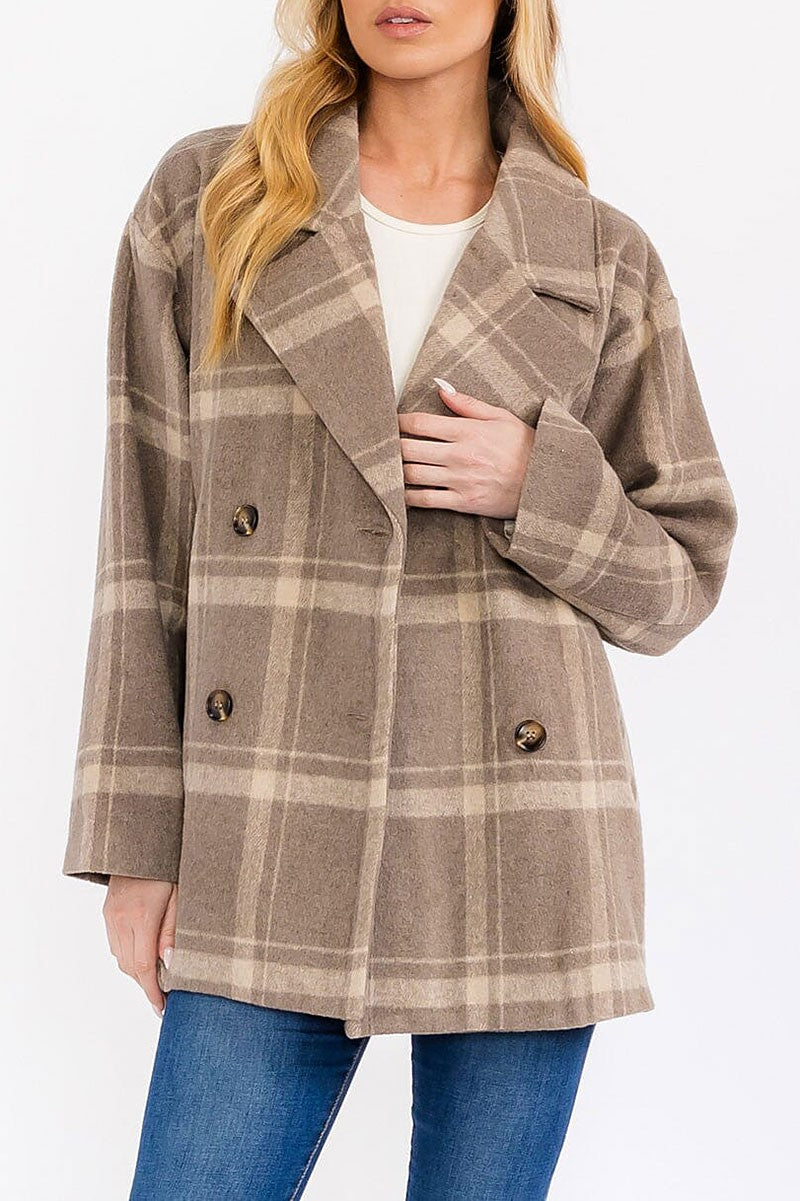 Button closure front pockets plaid coat (RVWT7677)