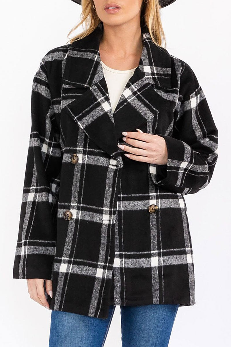 Button closure front pockets plaid coat (RVWT7677)