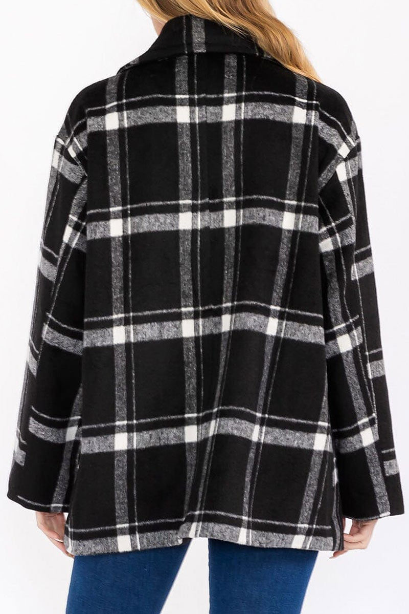 Button closure front pockets plaid coat (RVWT7677)