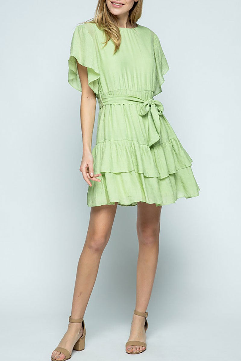 Round neck ruffled sleeves and hem mini dress (RSSW4902)