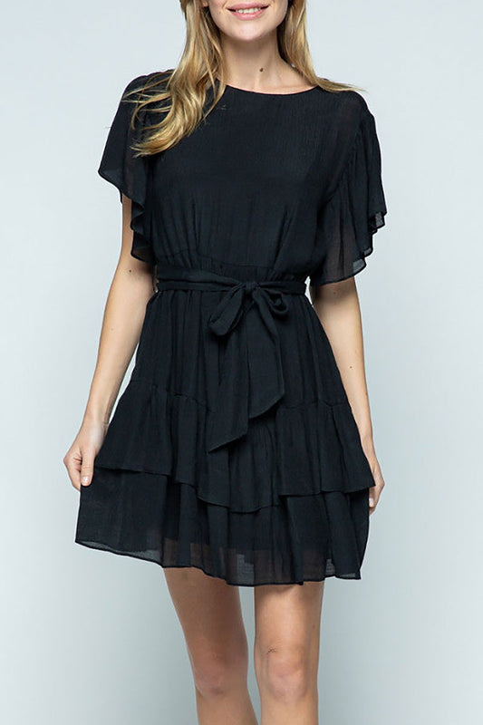 Round neck ruffled sleeves and hem mini dress (RSSW4902)