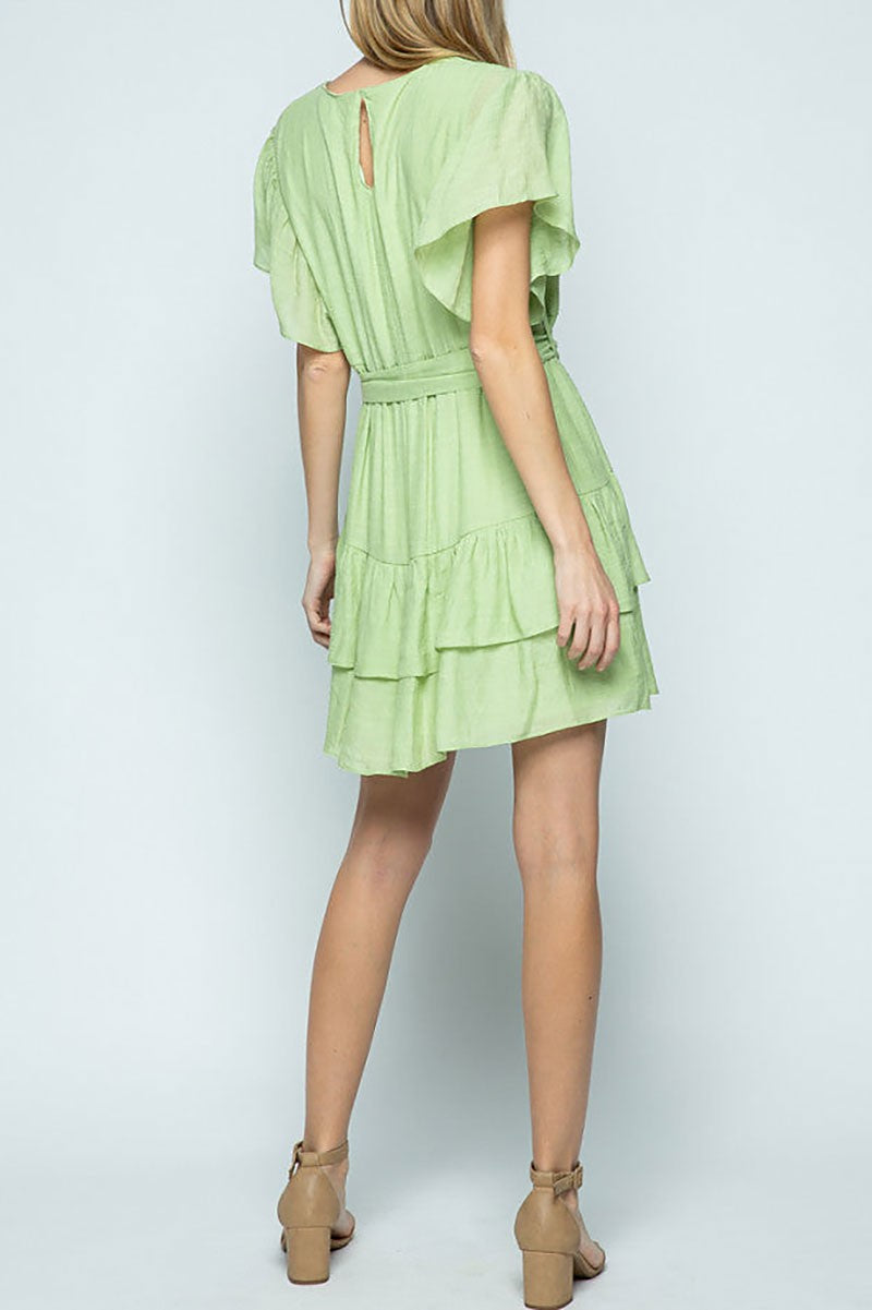 Round neck ruffled sleeves and hem mini dress (RSSW4902)