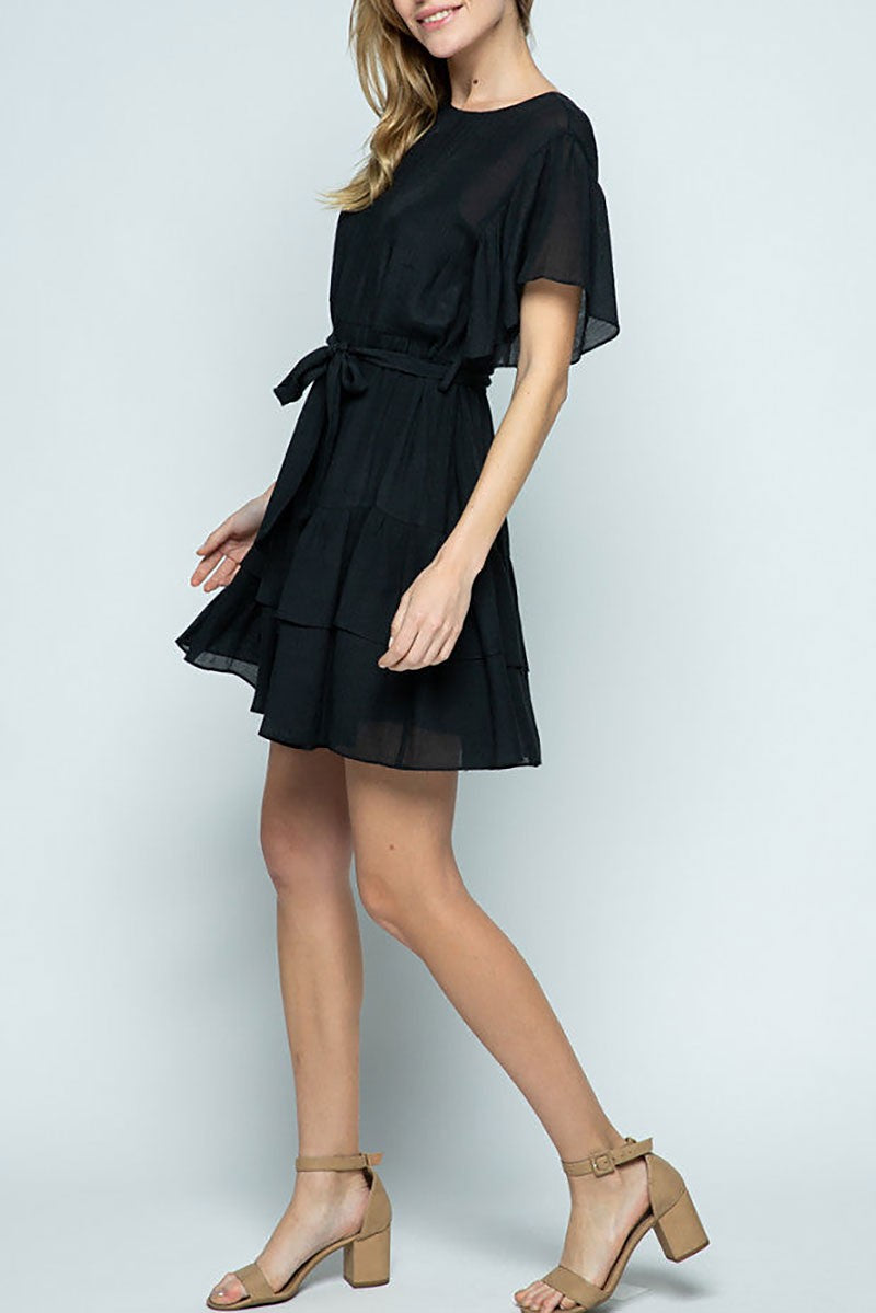 Round neck ruffled sleeves and hem mini dress (RSSW4902)