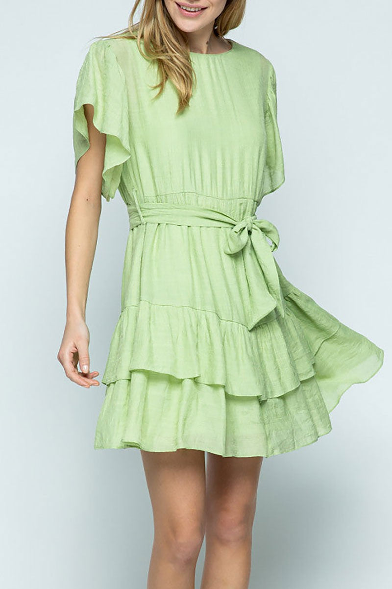 Round neck ruffled sleeves and hem mini dress (RSSW4902)