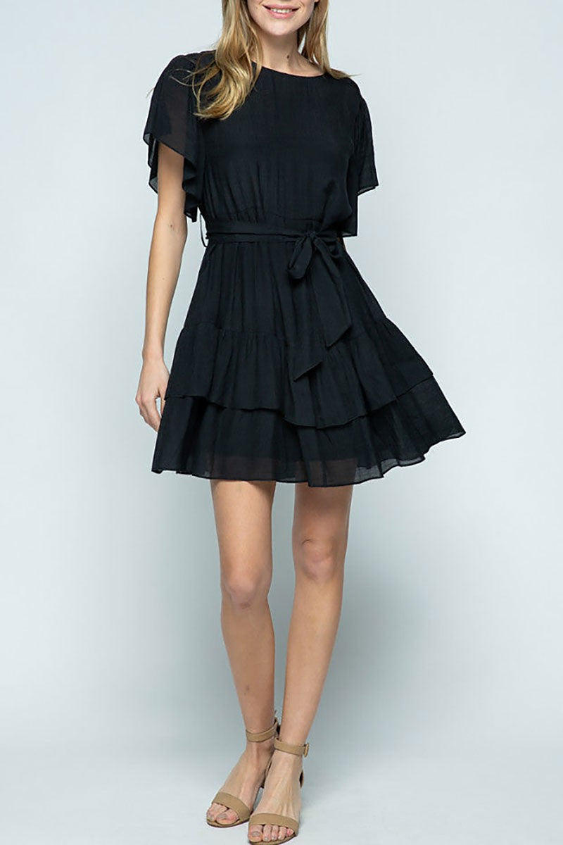 Round neck ruffled sleeves and hem mini dress (RSSW4902)