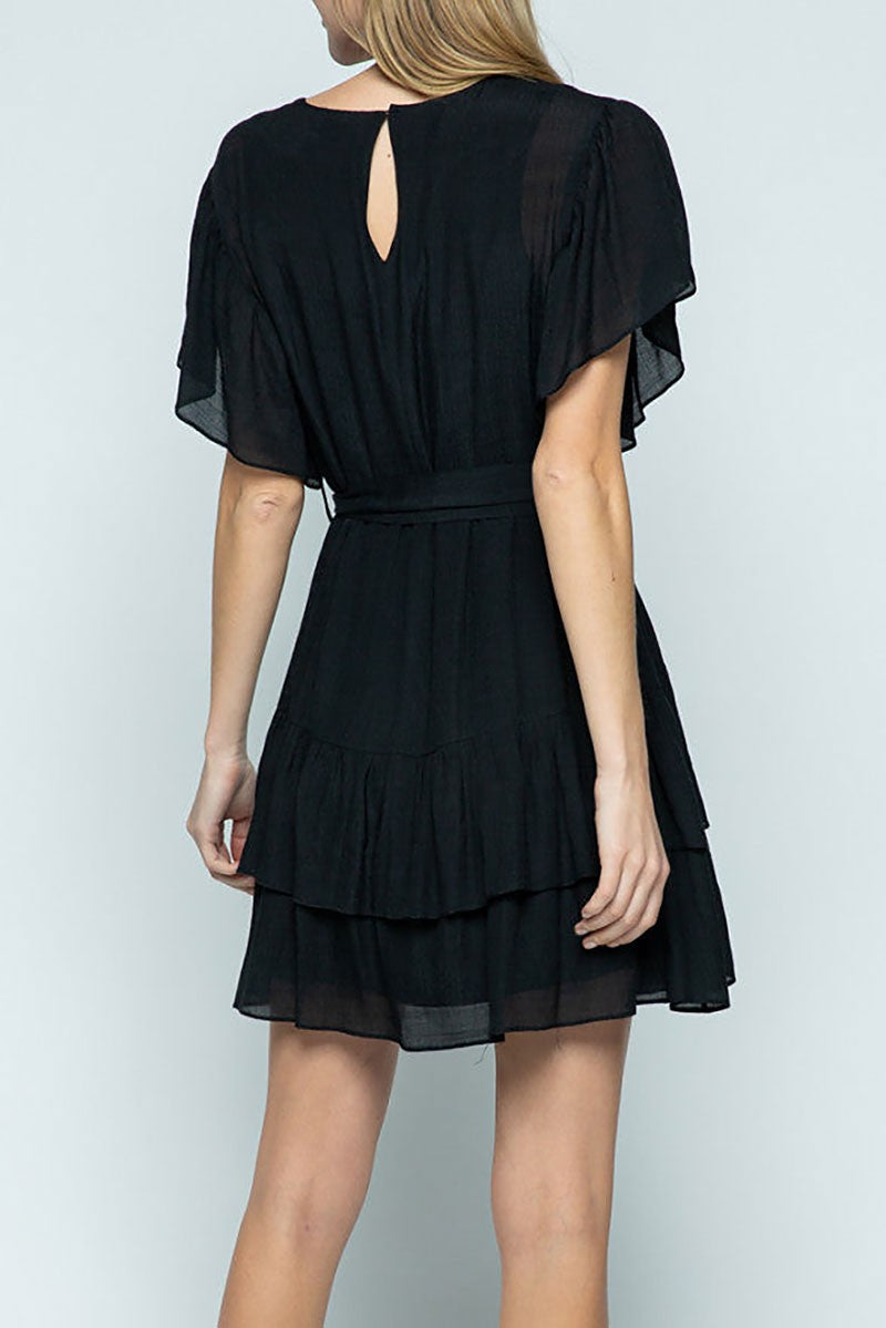 Round neck ruffled sleeves and hem mini dress (RSSW4902)