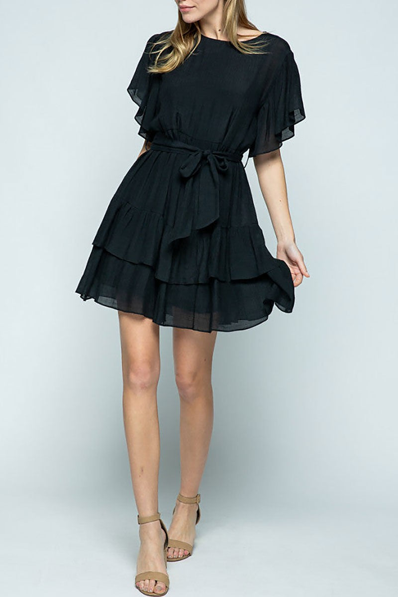 Round neck ruffled sleeves and hem mini dress (RSSW4902)