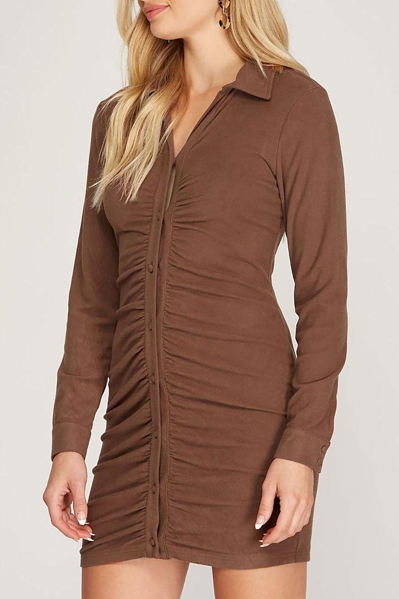 Brushed stretch knit button down shirred dress (RSSW4903)