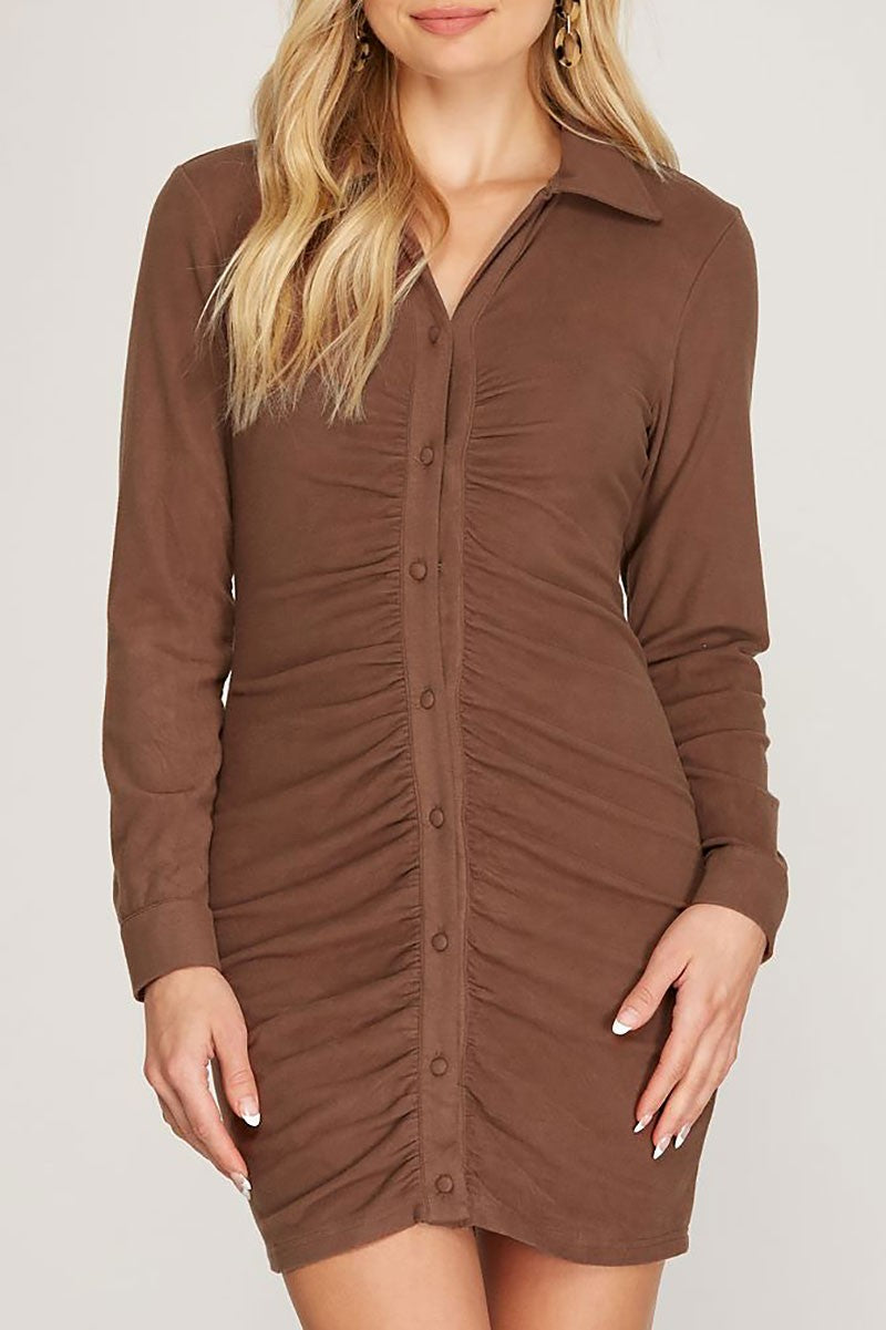 Brushed stretch knit button down shirred dress (RSSW4903)