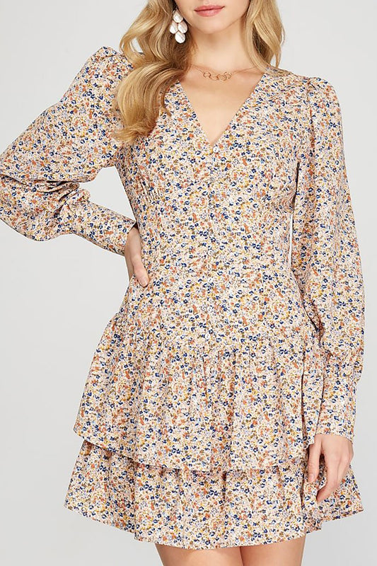 Floral print button down cuff long sleeves dress (RSSW4905)