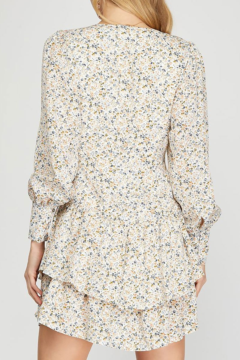 Floral print button down cuff long sleeves dress (RSSW4905)