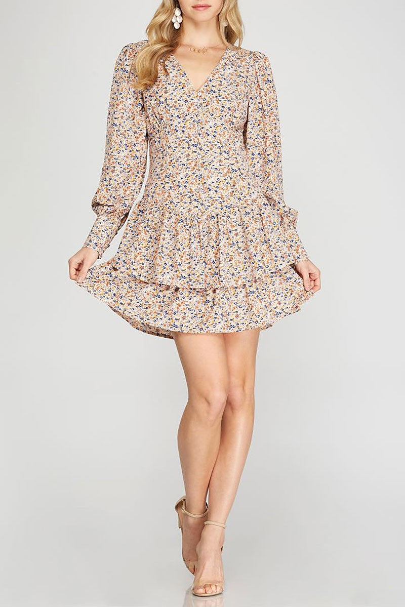 Floral print button down cuff long sleeves dress (RSSW4905)