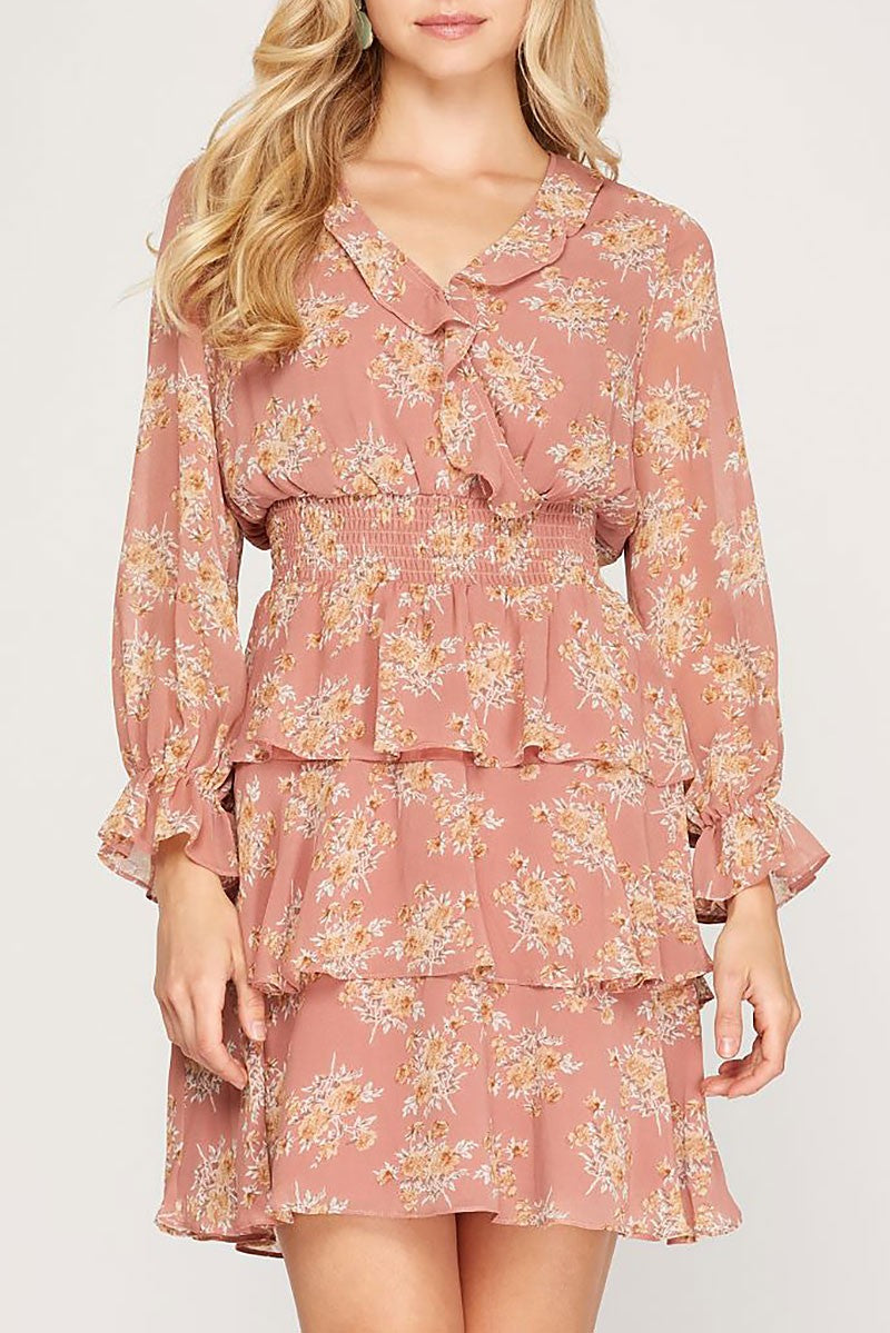 Floral print smocked tiered long sleeves dress (RSSW4907)