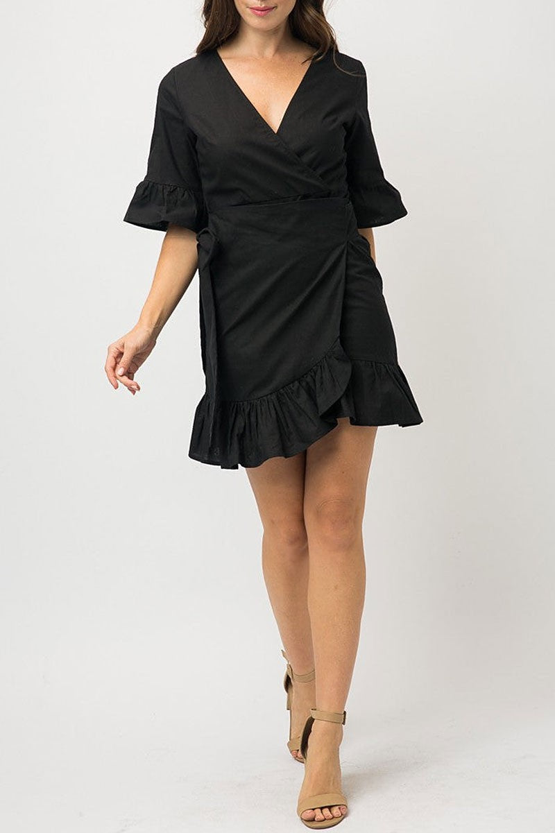 Ruffled short sleeves tied surplice mini dress (RSSW4908)