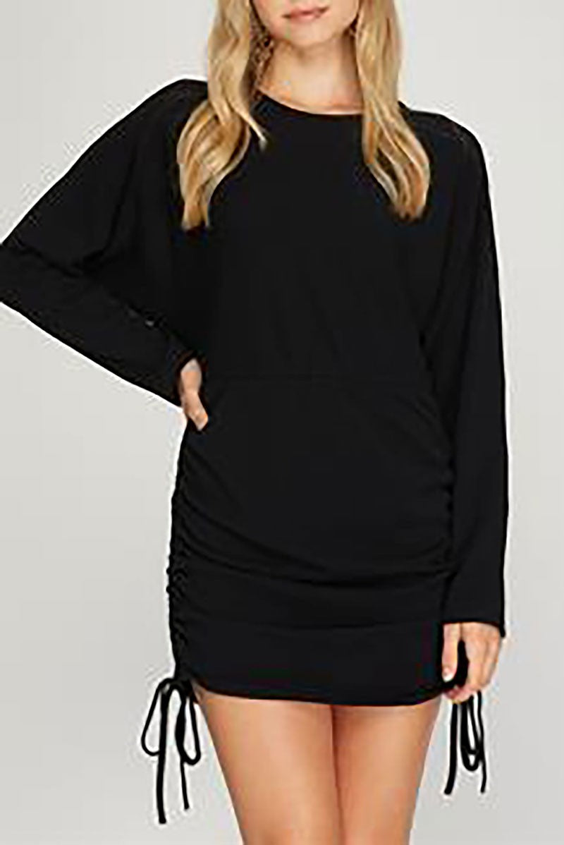 Dolman w/drawstring ruched sides knit mini dress (RSSW4909)