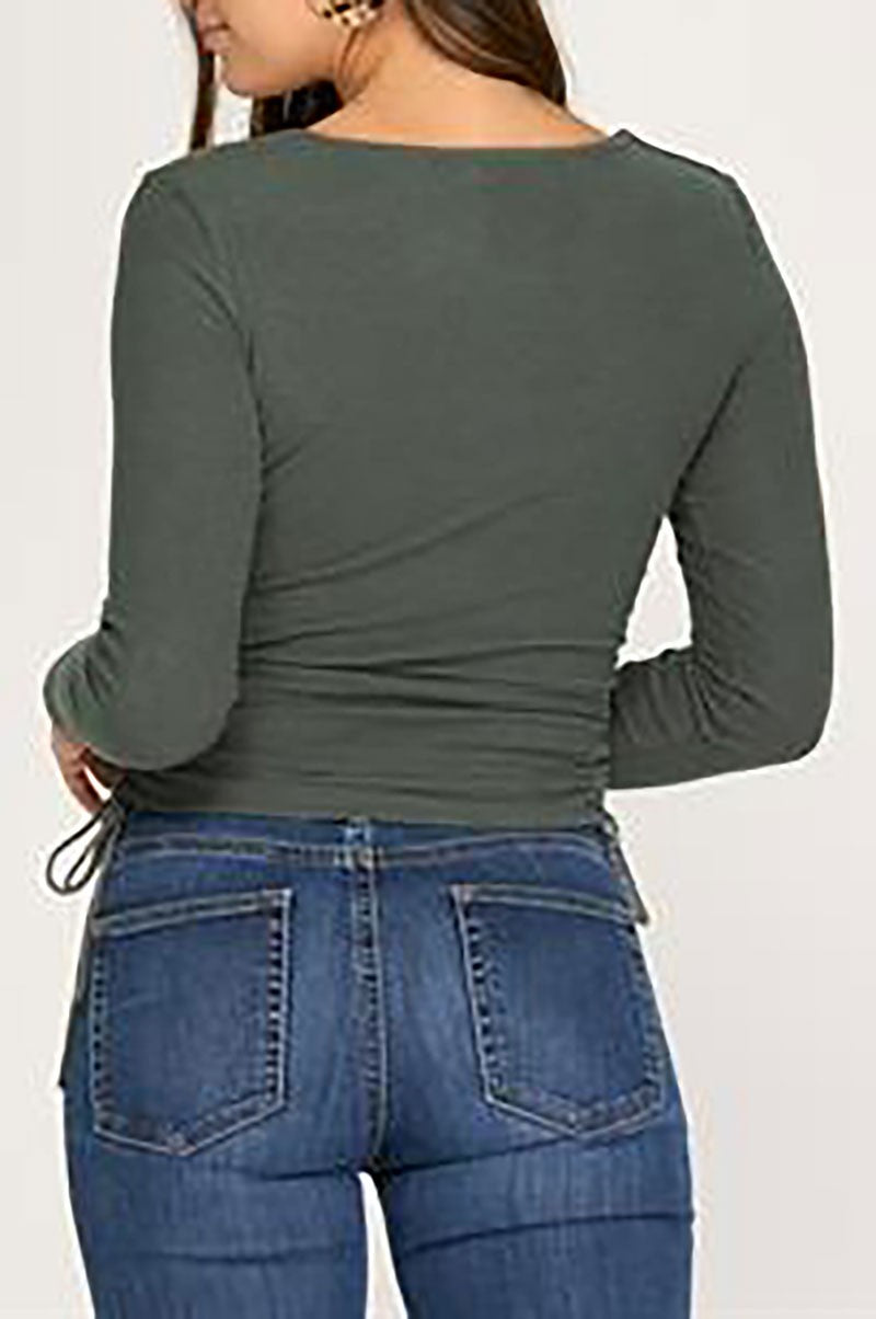 Brushed rib knit drawstring ruched sides top (RSSW4911)